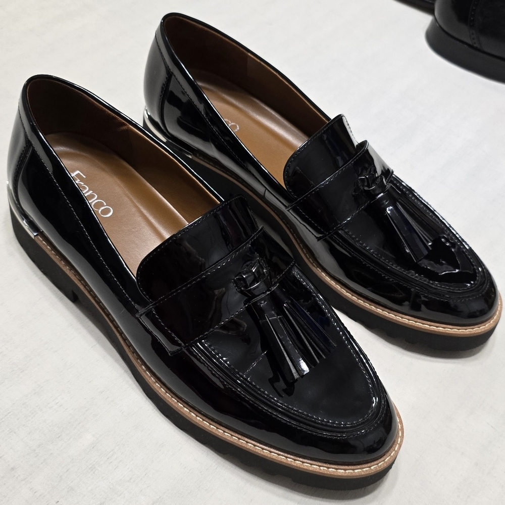 Franco Sarto Black Patent Tassel Loafers for Women's